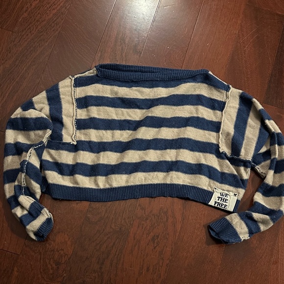 Free People Blue and Cream Striped Off-the-Shoulder Sweater - Picture 1 of 4